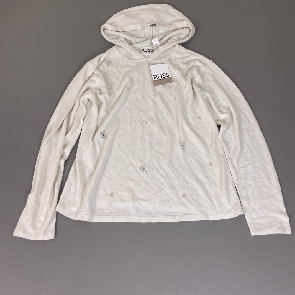 Russ Liz Claiborne Hoodie Sweater Women's Large White Beaded Sequin New w/ Flaw